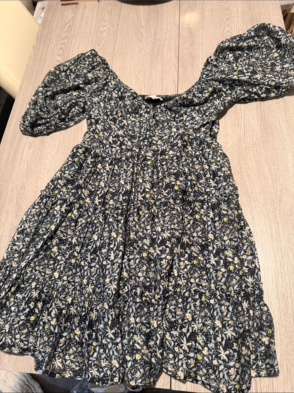By Together Black Floral Puff-Sleeve Midi Dress with Yellow Accents